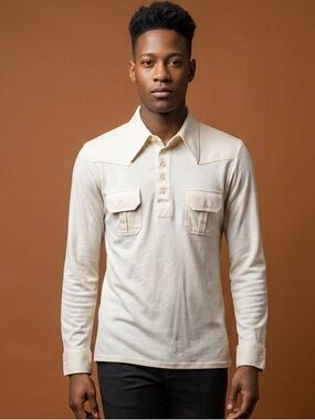 Vtg 1970s Wimbledon Long Sleeve Tennis Disco Shirt Off-White Safari Yoke